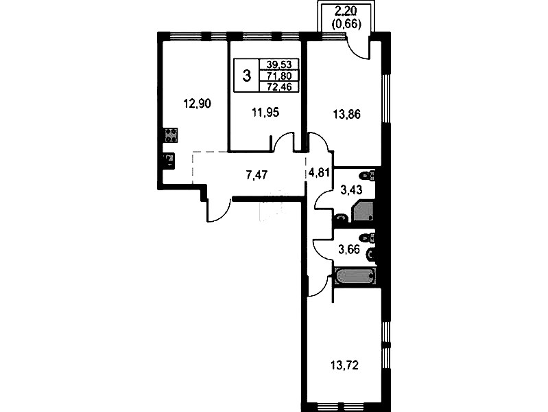 3-комнатная квартира 72.46 м², 6/15 эт., ЖК «Невская Долина»